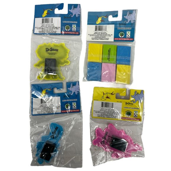 Dr Seuss collection 5 pc erasers pencil sharpeners bag Cat Hat Horton Thing 1 2 - Picture 3 of 6